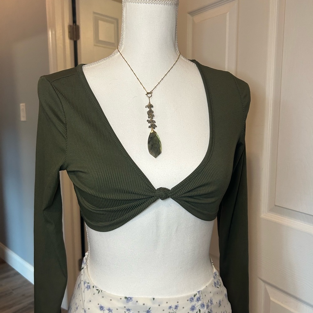 Olive Green Ribbed Knot-Front Long Sleeve Crop Top